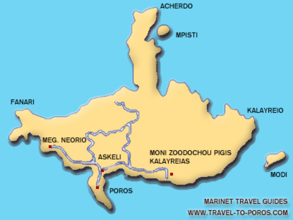 Poros map - Travel to Poros -  The Saronic island of Poros, Greece complete guide with information on POROS, POROS  TOWN, ASKELI, ASPOS GATOS, KANALI, Poseidon's Temple, Archaeological Museum of Poros, GALATAS, 