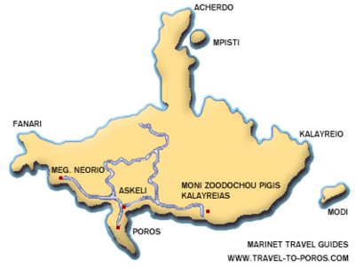 Poros map - Travel to Poros -  The Saronic island of Poros, Greece complete guide with information on POROS, POROS  TOWN, ASKELI, ASPOS GATOS, KANALI, Poseidon's Temple, Archaeological Museum of Poros, GALATAS, 